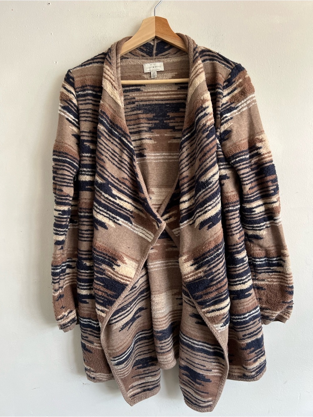 Lucky Brand Draped Open-Front Cardigan in Brown, Navy & Cream